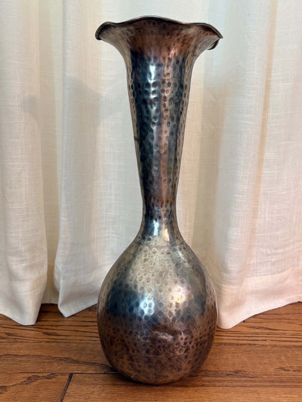 Vintage Large Hammered Pewter Silver Ruffled Neck Vase